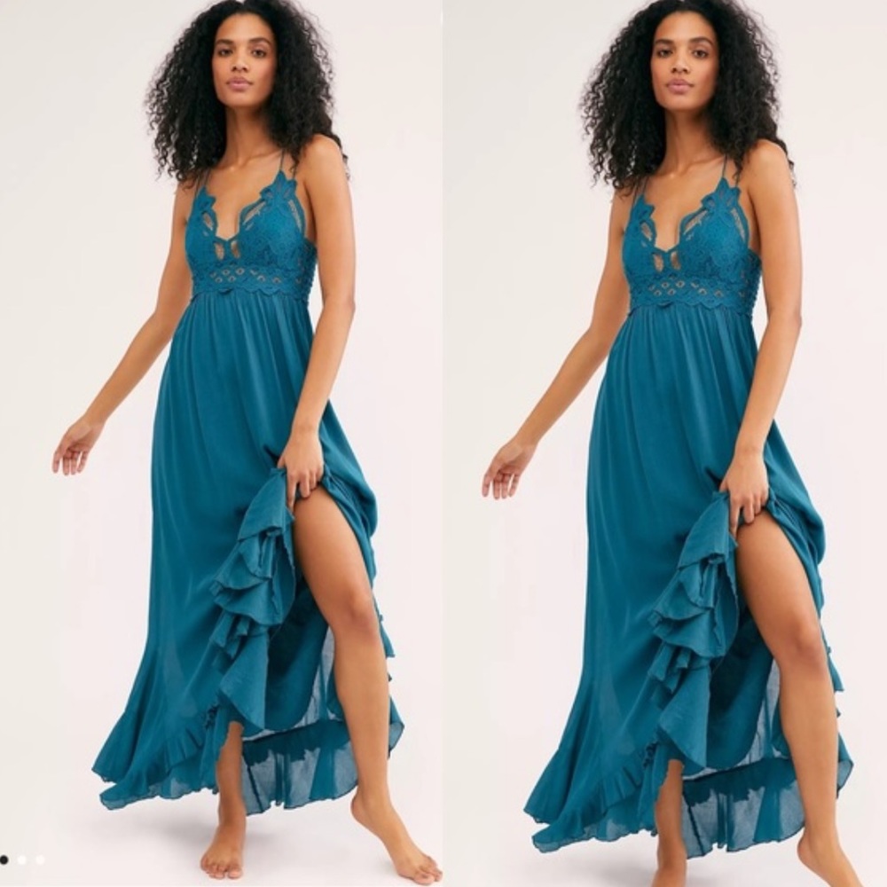 Free People Adella Maxi Slip Dress in Teal Jewel Blue Small
